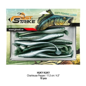 Shad suplu impregnat cu miros Fast Strike Huky Kuky 11.5cm 4.3g 10 bucati plic cu tavita rigida.