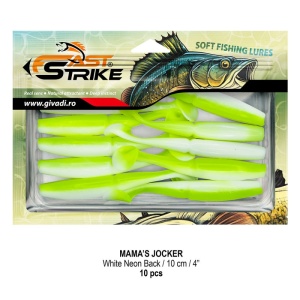 Shad Fast Strike Mama's Jocker 10cm cu corp segmentat și silicon impregnat cu aromă.