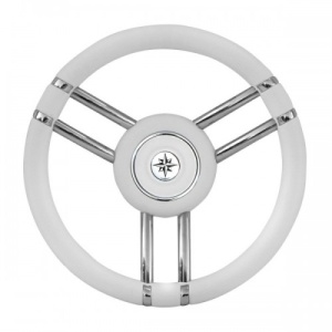 Volan barcă premium Savoretti Armando Apollo (350mm) – Structură structurală din inox 316 cu spițe duble, finisaj din poliuretan moale și prindere universală, disponibil în alb, negru, gri și bej.