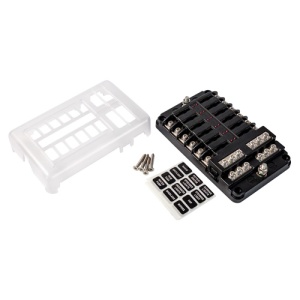 Bloc de sigurante cu capac, indicator LED si bus bar negativ EVAL 32V 100A, cu terminale din otel inox, disponibil in varianta cu 12  pozitii.