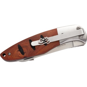 Briceag Browning Hunt 'N Gut Hardwood – Sistem cu 2 lame din oțel inox 8Cr, lamă de 89mm, mâner ergonomic din lemn maro finisat.