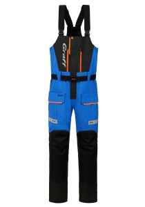 Costum de iarnă flotabil Graff FLOAT GUARD Fishing Set 215-O-B-15 Edition 3.0, de culoare grafit cu inserții reflectorizante și portocalii de siguranță, echipat cu membrană BRATEX, umplutură flotabilă Float Guard, manșete din neopren și fermoare YKK VISLO