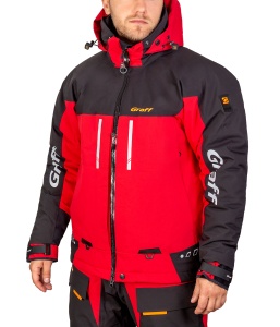 Costum tehnic de iarnă flotabil Graff FLOAT GUARD Fishing Set 215-O-B-4 Edition 4.0, de culoare grafit cu finisaje portocalii de siguranță, echipat cu membrană BRATEX de 10.000mm, umplutură din spumă flotabilă FLOAT și fermoare etanșe YKK VISLON