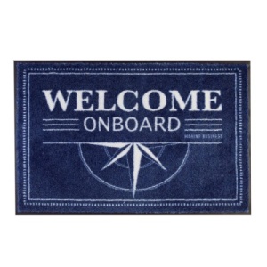 Covor de intrare dreptunghiular 75x50cm "Welcome On Board" de la Marine Business, fabricat din poliamidă rezistentă UV cu bază din cauciuc antiderapant, ideal pentru ambarcațiuni.