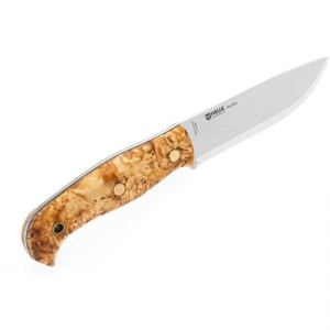 Cuțit bushcraft Helle Nordlys cu lamă din oțel 14C28N, mâner ergonomic din mesteacăn buclat și teacă tradițională din piele