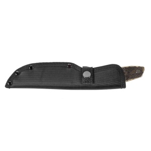 Cuțit Treesco Percussion – Lamă fixă de 100mm din oțel inox 420A, mâner ergonomic maro imitație de corn și teacă sintetică întărită.
