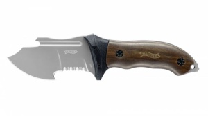 Cuțit utilitar Walther FTK cu lamă de 5 mm grosime, finisaj gri titan, mâner din nuc/G10 și funcții multiple integrate.