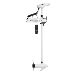 Motor electric alb de proovă Minn Kota Riptide PowerDrive™ 70lb 24V cu lungimea axului de 137cm, echipat cu telecomandă wireless premium cu ecran LCD și sistem Advanced GPS, alimentat optim de o baterie Litiu LiFePO4 Elker Solutions de 24V.
