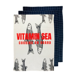 : Set de 3 șervete de bucătărie Vitamin Blue de la Marine Business, fabricate din 100% bumbac absorbant, ideale pentru bucătăria ambarcațiunilor și iahturilor.