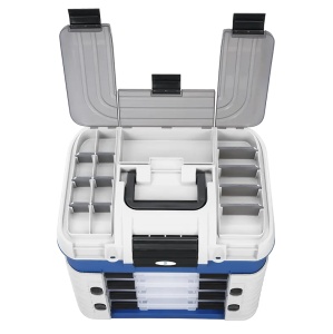 Valigetă profesională pentru pescuit Panaro Model 502 cu sertare frontale și dimensiuni 420x303x415 mm – Cutie rigidă modulară fabricată în Italia din polimer rezistent la impact, complet imună la aditivi și raze UV, echipată cu spațiu superior adânc.