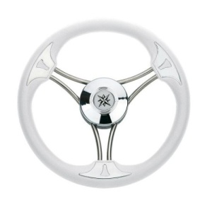 Volan barcă premium Savoretti Armando (350mm) – Design cu 3 spițe duble din oțel inoxidabil, prindere universală pe ax conic, disponibil în variantele alb, negru și gri.