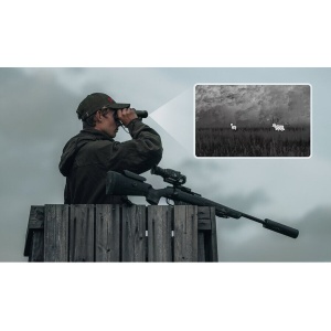 Binoclu multispectral Hikmicro Habrok 4K HE25LN cu cameră termică 256×192, vizual 4K UHD, zoom 5.5–22x60, LRF 1000m, IR 940nm și memorie 64GB – ideal pentru vânătoare în câmp și pădure.