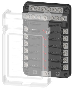 Bloc de sigurante cu capac transparent si bus bar negativ EVAL 32V 100A, disponibil in variante cu 6 si 12 pozitii