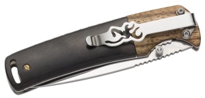 Briceag Browning Buckmark Hunter – Lamă de 76mm din oțel 8Cr14MoV, mâner ergonomic din Zytel cu inserție de lemn și husă de nylon.