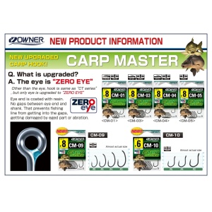 Cârlig Owner CM-04 Carp Master Aya Magic, cu tehnologie ZERO EYE și vârf Magic Fusso, proiectat pentru înțepare sigură, protecția firului și drilluri extreme cu crapi de talie mare.