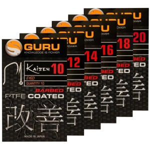 Carlige Guru Kaizen Eyed Hooks Barbed PTFE 10 buc per plic cu ochet si varf offset cu spin