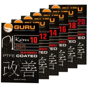Carlige Guru Kaizen Spade End Barbed Hooks 10 buc per plic cu acoperire PTFE si varf offset cu spin.