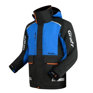 Costum de iarnă flotabil Graff FLOAT GUARD Fishing Set 215-O-B-15 Edition 3.0, de culoare grafit cu inserții reflectorizante și portocalii de siguranță, echipat cu membrană BRATEX, umplutură flotabilă Float Guard, manșete din neopren și fermoare YKK VISLO