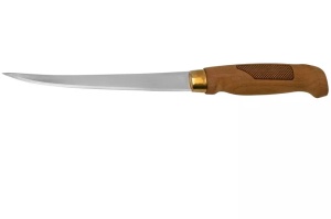 Cuțit Filetat Marttiini Superflex 15 – Lamă extra-flexibilă de 150mm din oțel inox, mâner din mesteacăn cu model laser și teacă din piele închisă la culoare.