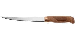 Cuțit Filetat Marttiini Superflex 19 – Lamă super-flexibilă din oțel inox de 19cm, mâner din mesteacăn tratat termic cu textură laser și teacă din piele maro.