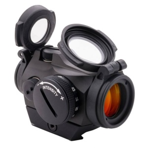 Aimpoint Micro H2 2 MOA cu montură Weaver/Picatinny montat pe carabină, red dot compact pentru vânătoare și tir sportiv.