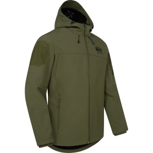 Jachetă Mauser Tornado Softshell Matt Olive – Echipament outdoor rezistent la vânt, cu material elastic, glugă integrată și panouri Velcro tactice