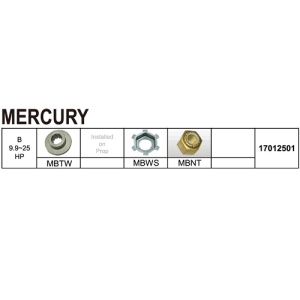 Kit montaj elice Mercury/Mariner 9.9-25CP – Set complet format din distanțier, siguranță și piuliță autoblocantă, optimizat pentru fixarea sigură pe axul modelelor 2T și Big Foot fabricate între 1980 și 2026.