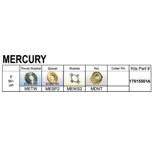 : Kit montaj elice Mercury/Mercruiser 90-300CP – Set profesional format din distanțier, șaibă, siguranță și piuliță, optimizat pentru fixarea sigură pe axul sistemelor de mare putere fabricate între 1977 și 2026