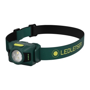 Lanternă frontală reîncărcabilă Ledlenser HF4R Forest Green 650 lumeni cu lumină roșie și etanșeitate IP67.