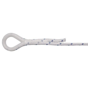 Linie de ancoră cu ochet din plastic Plam – Paramă scufundătoare din poliester 100% cu miez răsucit și înveliș împletit (diametre 6mm - 12mm), echipată cu ochet cusut industrial și rodantă din plastic pentru protecție anti-uzură la ancorare