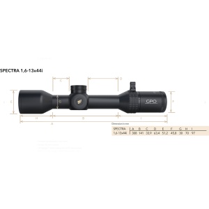 Luneta GPO Spectra 8x 1.6–13x44i – design ultra-compact, compatibilă cu termale, reticul G4i Fiber, transmisie 90% și paralaxă de la 10 m.