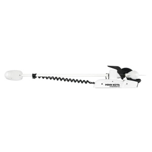 Motor electric alb de proovă Minn Kota Riptide PowerDrive 70lb 24V cu lungimea axului de 137cm și micro telecomandă wireless, alimentat la performanțe maxime de o baterie premium Litiu LiFePO4 Elker Solutions de 24V.