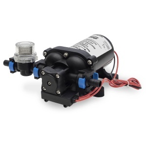 Pompă Apă Albin Pump Marine 12V – Detaliu presostat sigilat și filtru de 40 microni inclus, debit 10L/min pentru sisteme de apă potabilă la bord.