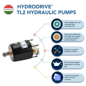 Pompă de guvernare hidraulică Ultra Heavy-Duty Hydrodrive TL2-30MRA (28cc) pentru motoare între 175-350 CP – Componentă marină originală cu supapă integrată No-Feedback, compatibilă cu ulei ATF III, fitinguri incluse.