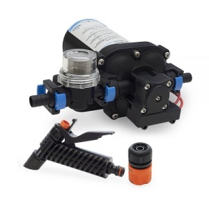 Set Pompă Presiune Punte Albin Pump Marine 12V – Putere de 5 bari și debit de 12.9L/min, echipat cu filtru de protecție și porturi rapide pentru curățarea profesională a punții.