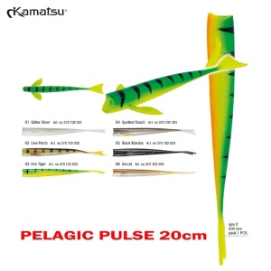 Shad Kamatsu Shadow Pelagic Pulse 20cm – nălucă pelagică ultra-realistică cu coadă tip „sirena”, aripioare laterale pronunțate și acțiune subtilă pentru răpitori mari.