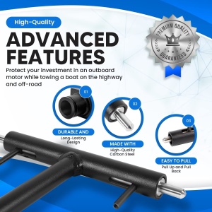 Suport profesional pentru transport motor barcă Attwood Lock N’ Stow – Dispozitiv compact din oțel vopsit electrostatic și pini din inox, proiectat pentru motoare Mercury OptiMax și EFI între 75 și 200CP.