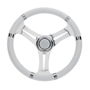 Volan sport premium pentru barcă Savoretti Armando de 350mm – Structură din oțel inoxidabil AISI 316 cu 3 spițe duble, îmbrăcat în poliuretan expandat tehnic, finisaj de lux certificat CEE cu butuc universal integrat.