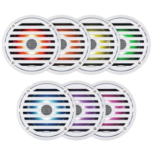 Pereche de boxe coaxiale marine Aquatic AV Elite EL423 de 6.5 inch – Difuzoare premium albe cu putere maximă de 240W la 4 Ohmi, sistem de iluminare LED RGB integrat pe con și etanșeitate certificată IP65.