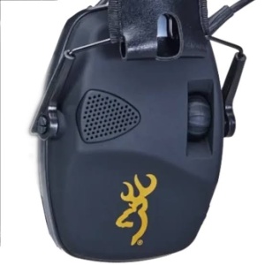 Căști antifonice active Browning Fox Electronic Black cu profil redus, amplificare stereo și mufă audio jack.