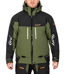 Costum tehnic de iarnă flotabil Graff FLOAT GUARD Fishing Set 215-O-B-7/1 Edition 4.0, în varianta de culori 7/1 cu inserții reflectorizante și design tactic, echipat cu membrană BRATEX de 10.000mm, spumă flotabilă FLOAT și fermoare etanșe YKK VISLON.