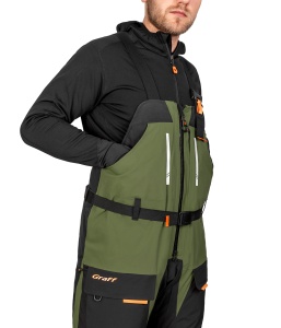Costum tehnic de iarnă flotabil Graff FLOAT GUARD Fishing Set 215-O-B-7/1 Edition 4.0, în varianta de culori 7/1 cu inserții reflectorizante și design tactic, echipat cu membrană BRATEX de 10.000mm, spumă flotabilă FLOAT și fermoare etanșe YKK VISLON.