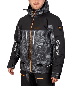 Costum tehnic de iarnă flotabil Graff FLOAT GUARD Fishing Set 215-O-B-8 Edition 4.0, în varianta de culori 8 cu inserții reflectorizante și design tactic, echipat cu membrană BRATEX de 10.000mm, spumă flotabilă FLOAT și fermoare etanșe YKK VISLON.