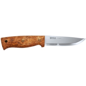 Cuțit Helle Temagami Classic – Instrument bushcraft premium cu lamă de 110mm din oțel triplu laminat, mâner din mesteacăn și teacă de piele decorată.