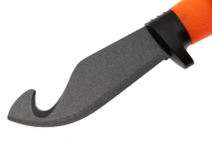 Cuțit Marttiini Martef pentru jupuit – Instrument polivalent cu lamă de 110mm, înveliș Martef anti-frecare, cârlig de jupuire și mâner portocaliu de înaltă vizibilitate