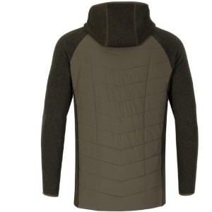 Jachetă pescuit la crap Korda Hybrid Olive cu fleece tricotat greu și secțiune matlasată stil puffer.