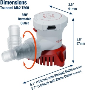 Kit Pompă Santină Attwood Tsunami MK2 T500 – Pachet complet ce conține pompa de 1692L/h, ștuțurile interschimbabile și valva antiretur pentru o evacuare eficientă.