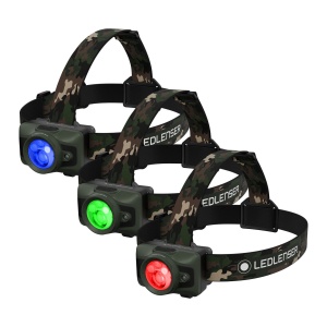Lanternă frontală Ledlenser HF6R RGB Camo 900 lumeni cu senzori Adaptive Light Beam, lumini RGB și carcasă din aluminiu IP67.