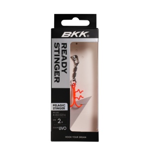 Montură stinger pentru pescuit pelagic BKK Pelagic Stinger-21 UVO cu ancoră portocalie fluorescentă și pini Assist Spear.
