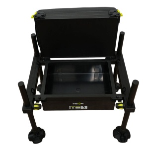Scaun modular TEOS Seatbox TS1 D30 cu spătar rabatabil, sertar lateral și cadru din aluminiu.